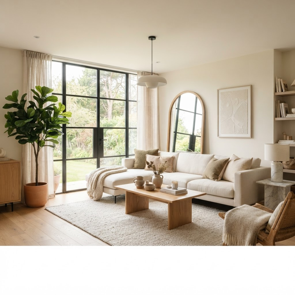 Sala moderna decorada con estilo cálido y elegante